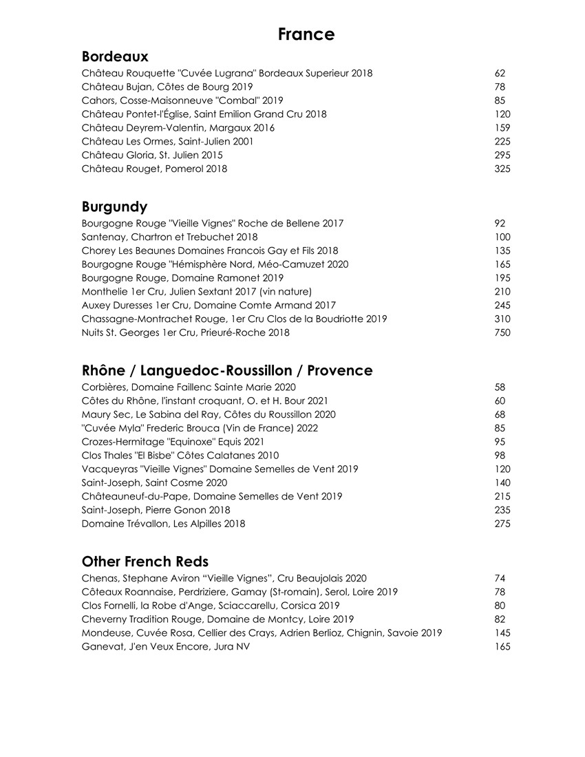 Wine & Cocktail List